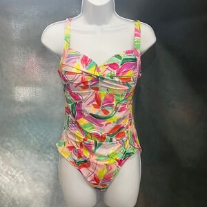Nip Tuck Swim Tropical Leaf Ruched One Piece Swimsuit Multi Color Womens US 8